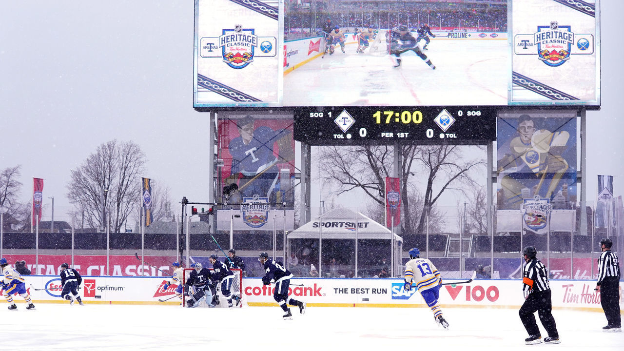 HAMILTON, ONTARIO - MARCH 13: A general view of first period action at the Toronto Maple Leafs end of the rink during the 2022 Tim Hortons NHL Heritage Classic between the Toronto Maple Leafs and the Buffalo Sabres at Tim Hortons Field on March 13, 2022 in Hamilton, Ontario.