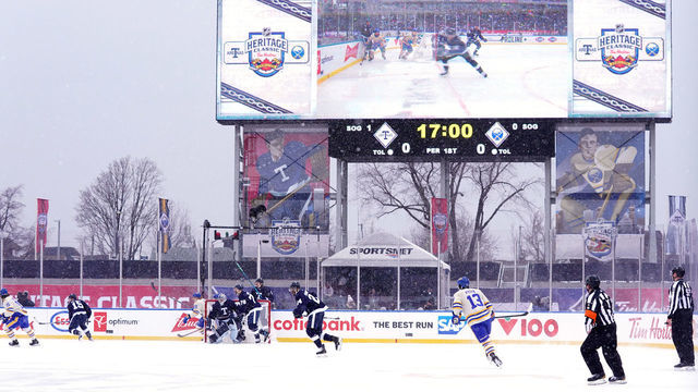 HAMILTON, ONTARIO - MARCH 13: A general view of first period action at the Toronto Maple Leafs end of the rink during the 2022 Tim Hortons NHL Heritage Classic between the Toronto Maple Leafs and the Buffalo Sabres at Tim Hortons Field on March 13, 2022 in Hamilton, Ontario.