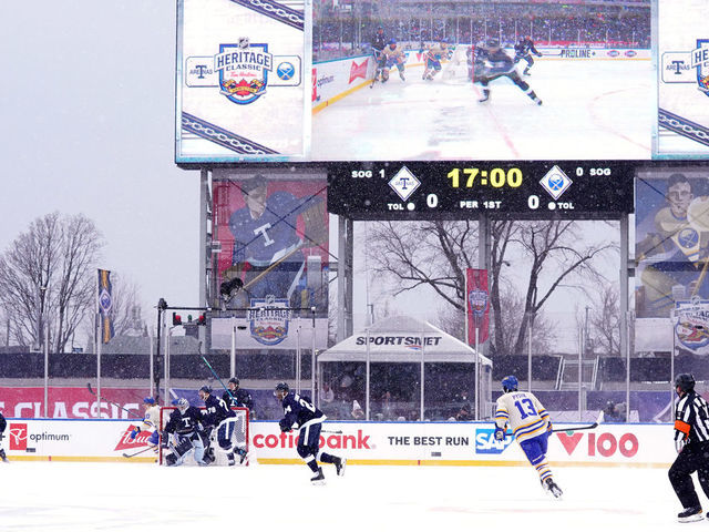 HAMILTON, ONTARIO - MARCH 13: A general view of first period action at the Toronto Maple Leafs end of the rink during the 2022 Tim Hortons NHL Heritage Classic between the Toronto Maple Leafs and the Buffalo Sabres at Tim Hortons Field on March 13, 2022 in Hamilton, Ontario.