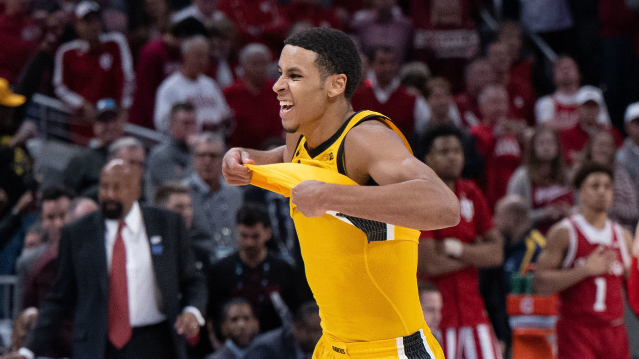 INDIANAPOLIS, IN - MARCH 12: Iowa Hawkeyes forward Keegan Murray (15) celebrates after the mens Big Ten tournament college basketball game between the Indiana Hoosiers and Iowa Hawkeyes on March 12, 2022, at Gainbridge Fieldhouse in Indianapolis, IN.
