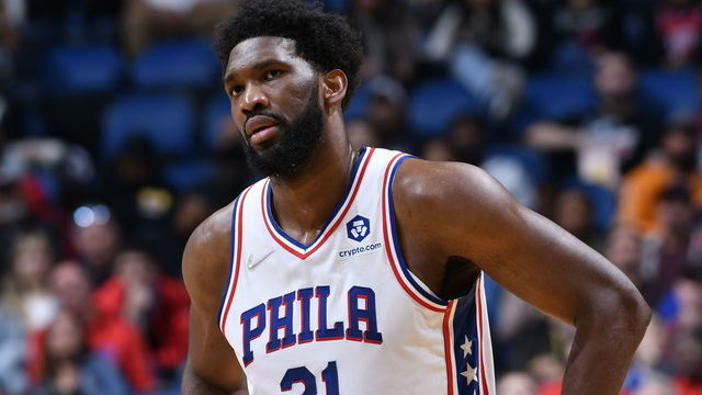 ORLANDO, FL - MARCH 13: Joel Embiid #21 of the Philadelphia 76ers looks on during the game against the Orlando Magic on March 13, 2022 at Amway Center in Orlando, Florida. Mandatory Copyright Notice: Copyright 2022 NBAE