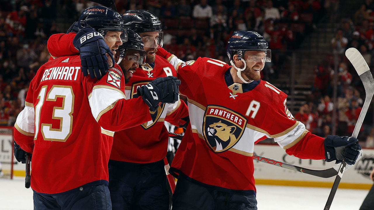 SUNRISE, FL - MARCH 5: Anthony Duclair #10 of the Florida Panthers celebrates his goal with teammates against the Detroit Red Wings at the FLA Live Arena on March 5, 2022 in Sunrise, Florida.