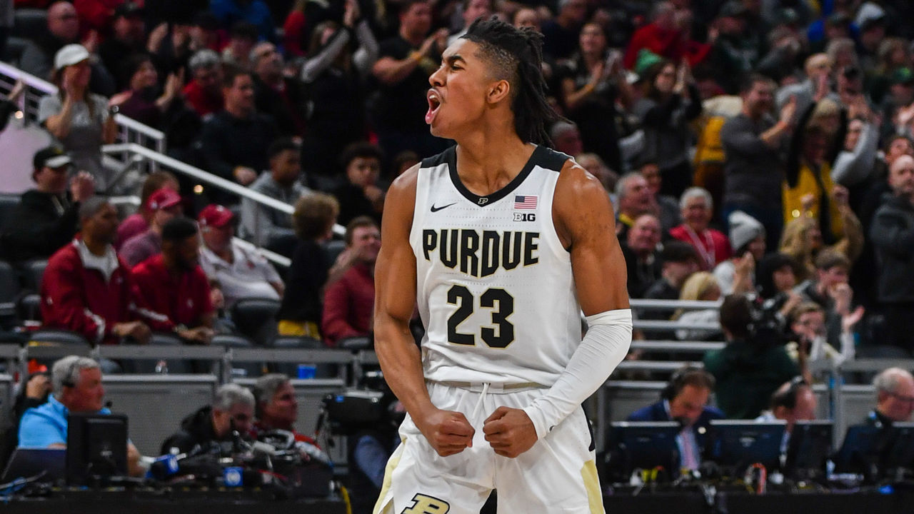 INDIANAPOLIS, INDIANA - MARCH 12: Jaden Ivey #23 of the Purdue Boilermakers reacts after making a basket during the second half of a Men's Big Ten Tournament Semifinals game against the Michigan State Spartans at Gainbridge Fieldhouse on March 12, 2022 in Indianapolis, Indiana. The Purdue Boilermakers won the game 75-70 over the Michigan State Spartans.