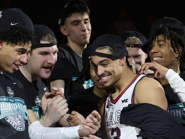 LAS VEGAS, NEVADA - MARCH 08: Andrew Nembhard #3 of the Gonzaga Bulldogs is congratulated after being named the recipient of the most outstanding player award by teammates (L-R) Julian Strawther #0, Drew Timme #2, Chet Holmgren #34 and Hunter Sallis #10 following the team's 82-69 victory over the Saint Mary's Gaels to win the championship game of the West Coast Conference basketball tournament at the Orleans Arena on March 08, 2022 in Las Vegas, Nevada.