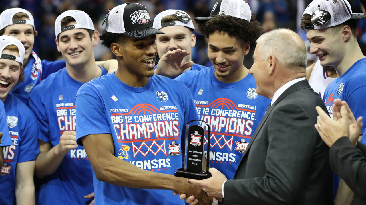 KANSAS CITY, MO - MARCH 12: Kansas Jayhawks guard Ochai Agbaji (30) accepts the Outstanding Player award after the Big 12 Tournament championship game between the Texas Tech Red Raiders and Kansas Jayhawks on Mar 12, 2022 at T-Mobile Arena in Kansas City, MO.