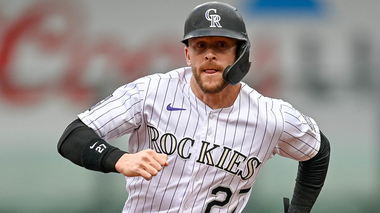 DENVER, CO - SEPTEMBER 29: Colorado Rockies shortstop Trevor Story (27) advances to third base in the first inning during a game between the Colorado Rockies and the Washington Nationals at Coors Field in Denver, Colorado on September 29, 2021.
