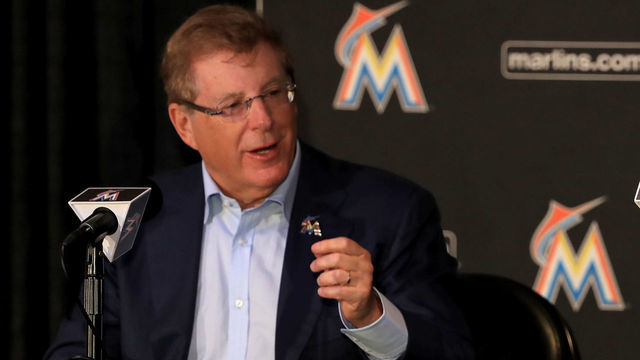 MIAMI, FL - OCTOBER 03: Maimi Marlins Principal owner Bruce Sherman with members of the media at Marlins Park on October 3, 2017 in Miami, Florida.