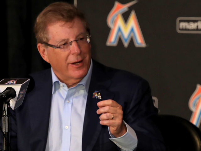 MIAMI, FL - OCTOBER 03: Maimi Marlins Principal owner Bruce Sherman with members of the media at Marlins Park on October 3, 2017 in Miami, Florida.