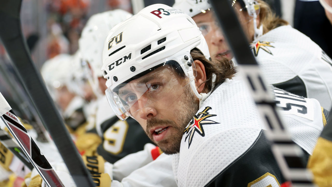 PHILADELPHIA, PA - MARCH 08: Chandler Stephenson #20 of the Vegas Golden Knights looks on from his bench during the first period against the Philadelphia Flyers at the Wells Fargo Center on March 8, 2022 in Philadelphia, Pennsylvania.