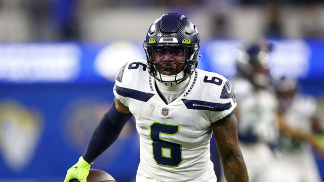 INGLEWOOD, CALIFORNIA - DECEMBER 21: Quandre Diggs #6 of the Seattle Seahawks reacts after intercepting a pass during the first half of a game against the Los Angeles Rams at SoFi Stadium on December 21, 2021 in Inglewood, California.
