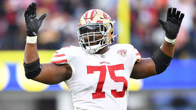 INGLEWOOD, CA - JANUARY 09: San Francisco 49ers Offensive Guard Laken Tomlinson (75) celebrates a touchdown during the NFL game between the San Francisco 49ers and the Los Angeles Rams on January 9, 2022, at SoFi Stadium in Inglewood, CA.