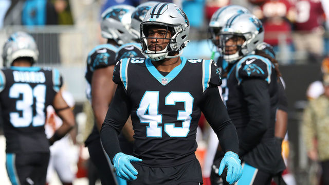 CHARLOTTE, NC - NOVEMBER 21: Haason Reddick (43) outside linebacker of Carolina during an NFL football game between the Washington Football Team and the Carolina Panthers on November 21, 2021, at Bank of America Stadium in Charlotte, N.C.