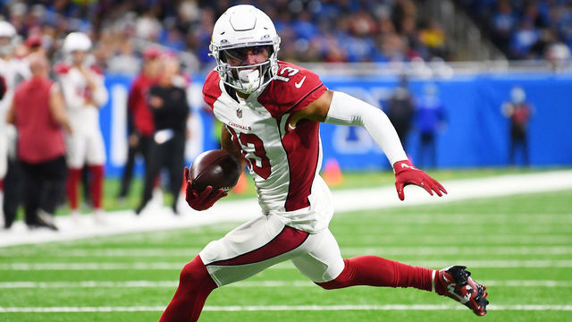 DETROIT, MICHIGAN - DECEMBER 19: Christian Kirk #13 of the Arizona Cardinals carries the ball during a game against the Detroit Lions at Ford Field on December 19, 2021 in Detroit, Michigan.