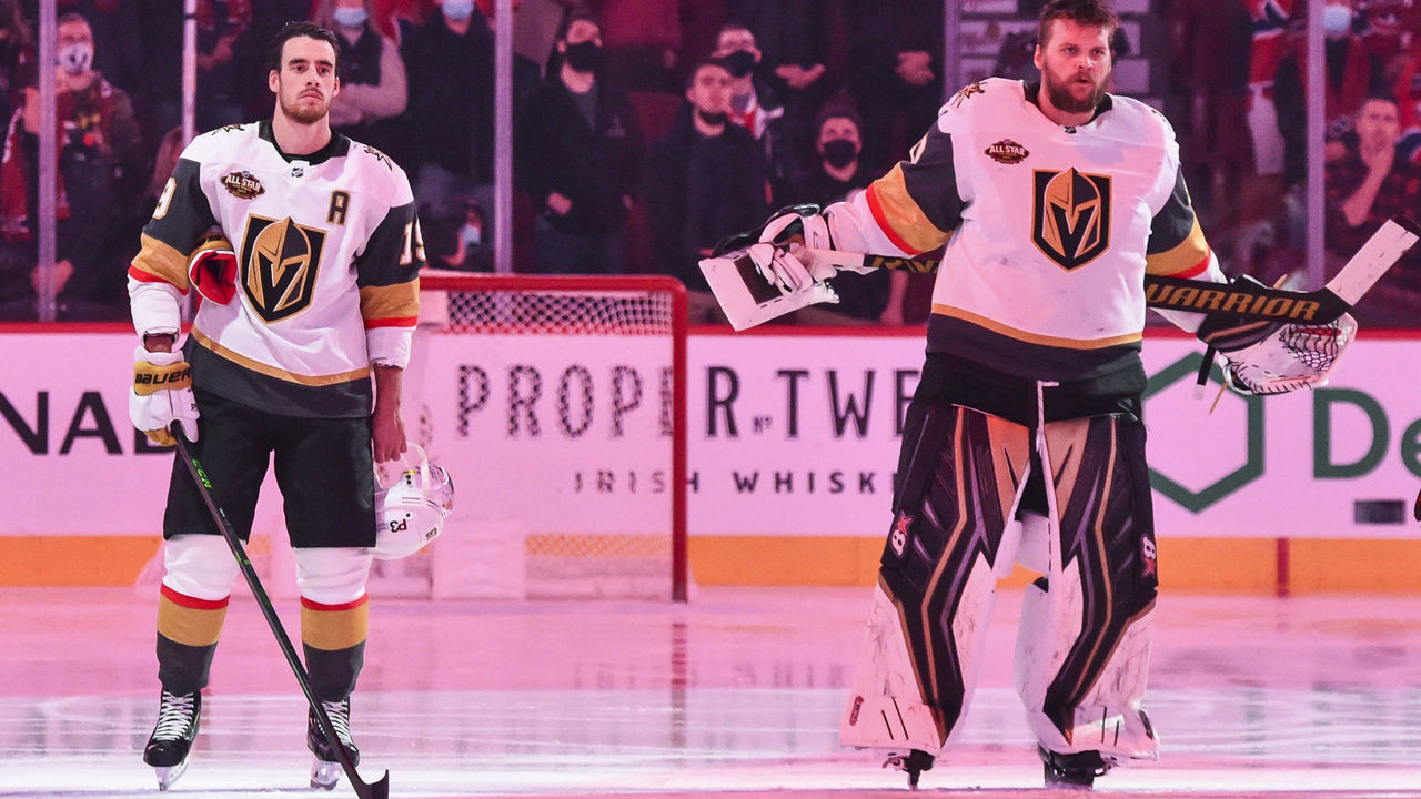 MONTREAL, QC - NOVEMBER 06: (L-R) Jonathan Marchessault #81, Reilly Smith #19 and goaltender Robin Lehner #90 of the Vegas Golden Knights stand during the anthems prior to the game against the Montreal Canadiens at Centre Bell on November 6, 2021 in Montreal, Canada. The Vegas Golden Knights defeated the Montreal Canadiens 5-2.