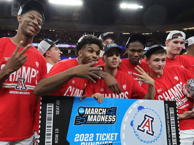 LAS VEGAS, NEVADA - MARCH 12: (L-R) Dalen Terry #4, Justin Kier #5, Kerr Kriisa #25, Bennedict Mathurin #0, Pelle Larsson #3 and Azuolas Tubelis #10 of the Arizona Wildcats pose with the championship trophy and a ceremonial NCAA tournament ticket with a team sticker on it after the team's 84-76 victory over the UCLA Bruins to win the Pac-12 Conference basketball tournament championship game at T-Mobile Arena on March 12, 2022 in Las Vegas, Nevada.