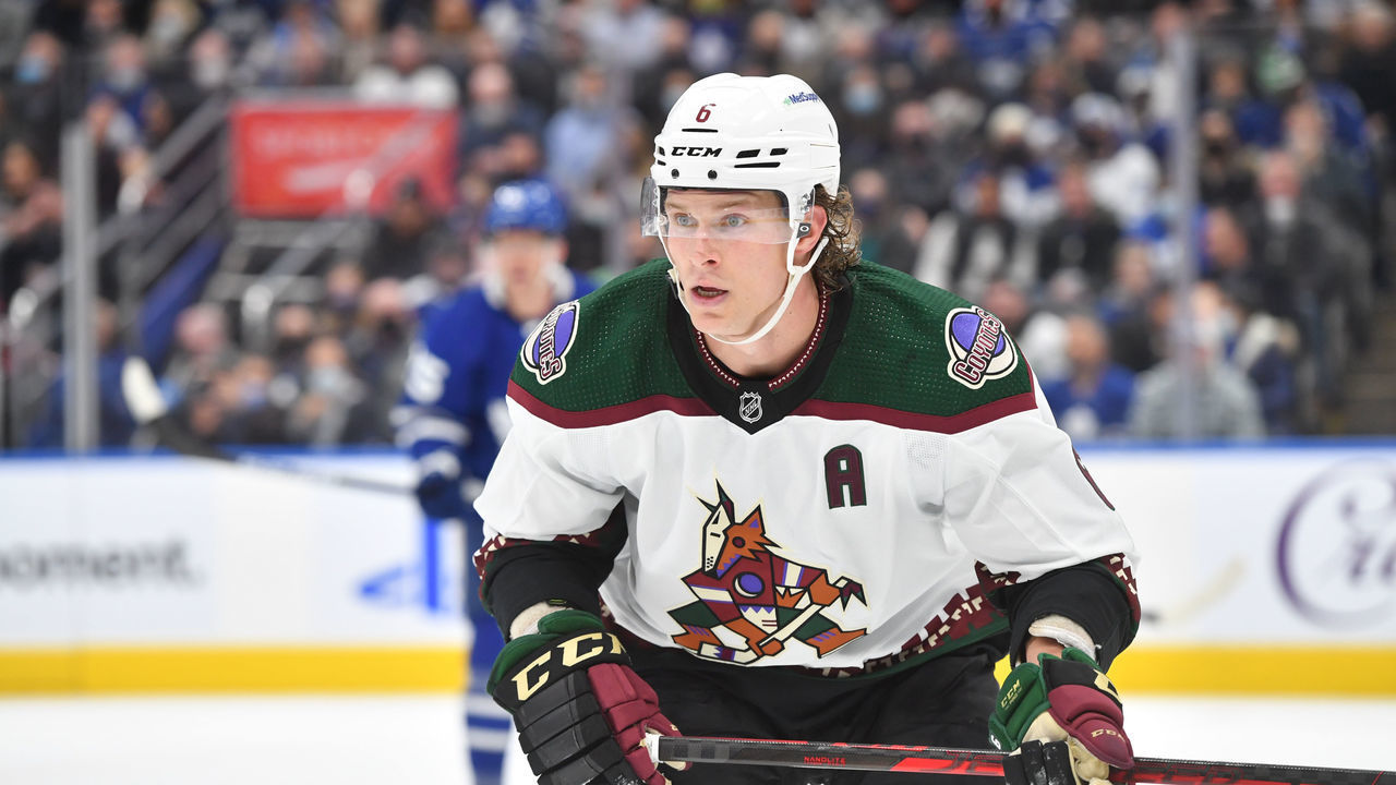 TORONTO, ON - MARCH 10: Arizona Coyotes Defenceman Jakob Chychrun (6) tracks the play in the second period during the NHL regular season game between the Arizona Coyotes and the Toronto Maple Leafs on March 10, 2022, at Scotiabank Arena in Toronto, ON, Canada.
