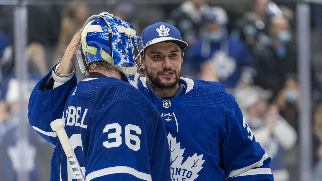 TORONTO, ON - MARCH 8: Petr Mrazek #35 of the Toronto Maple Leafs celebrates with Jack Campbell #36 after defeating the Seattle Kraken at the Scotiabank Arena on March 8, 2022 in Toronto, Ontario, Canada.
