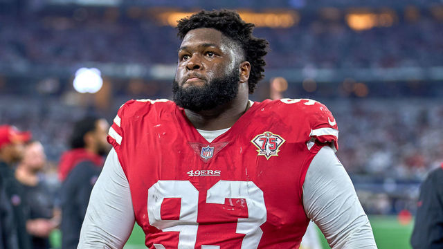 ARLINGTON, TX - JANUARY 16: San Francisco 49ers defensive tackle D.J. Jones (93) looks on during the NFC Wild Card game between the San Francisco 49ers and the Dallas Cowboys on January 16, 2022 at AT&T Stadium in Arlington, TX.