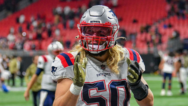 ATLANTA, GA NOVEMBER 18: New England defensive end Chase Winovich (50) acknowledges the fans following the conclusion of the NFL game between the New England Patriots and the Atlanta Falcons on November 18th, 2021 at Mercedes-Benz Stadium in Atlanta, GA.