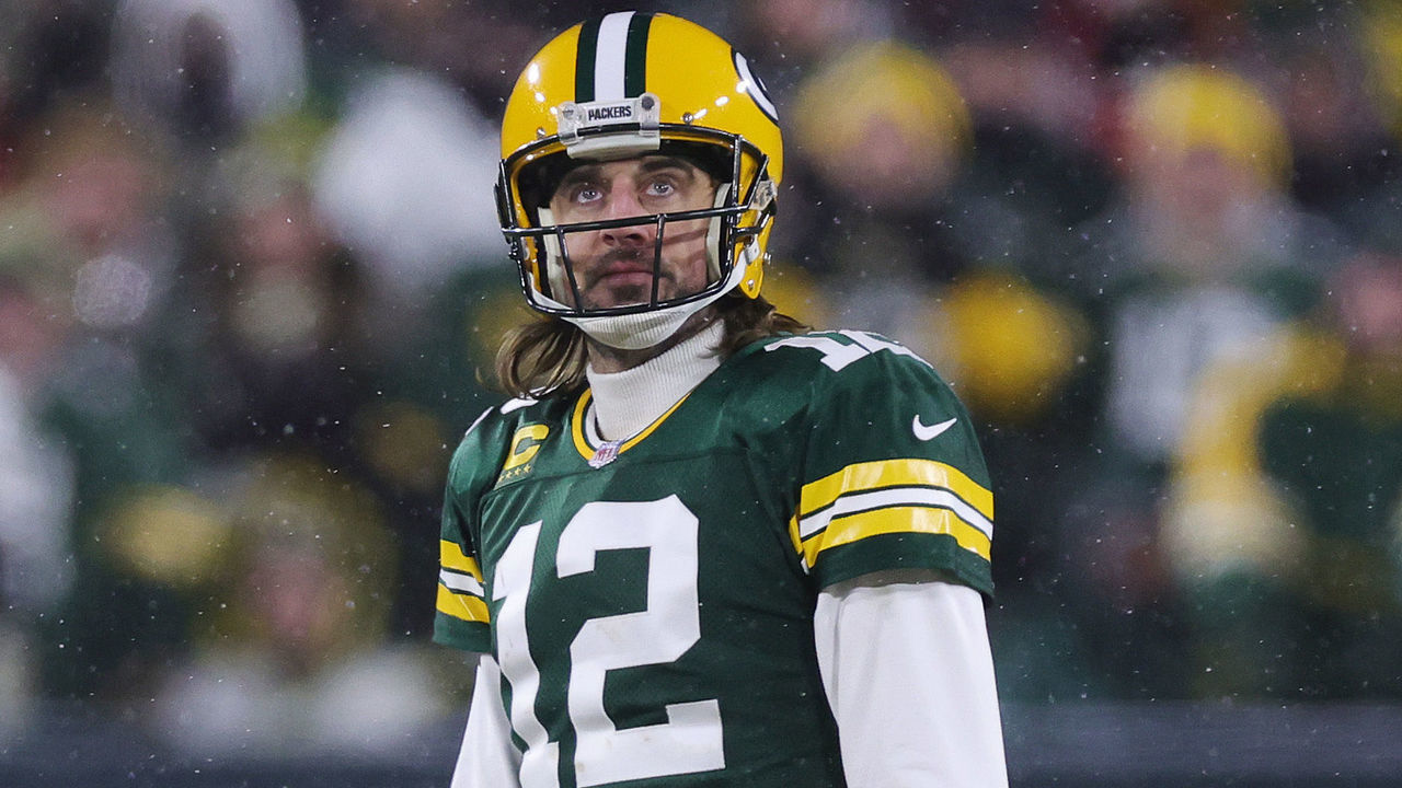 GREEN BAY, WISCONSIN - JANUARY 22: Aaron Rodgers #12 of the Green Bay Packers looks on during the game against the San Francisco 49ers during the NFC Divisional Playoff game at Lambeau Field on January 22, 2022 in Green Bay, Wisconsin.