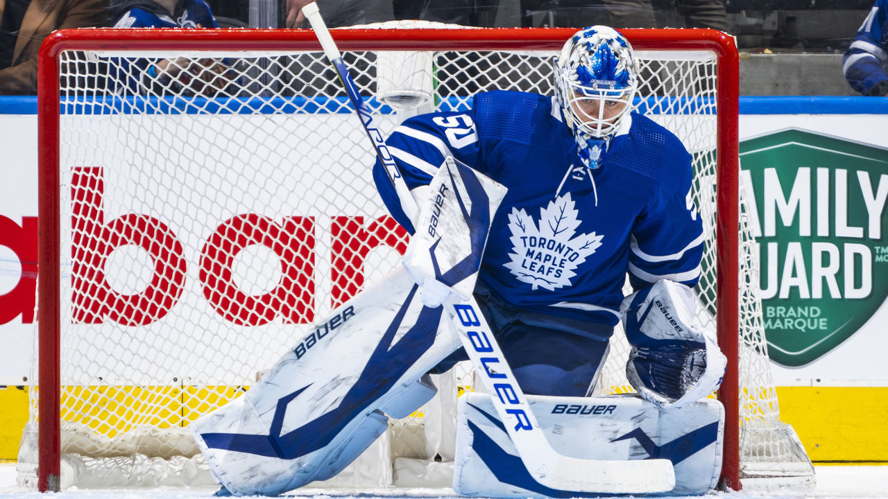 TORONTO, ON - MARCH 10: Erik Kallgren #50 of the Toronto Maple Leafs guards the net against the Arizona Coyotes during the third period at the Scotiabank Arena on March 10, 2022 in Toronto, Ontario, Canada.