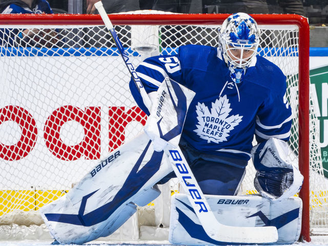 TORONTO, ON - MARCH 10: Erik Kallgren #50 of the Toronto Maple Leafs guards the net against the Arizona Coyotes during the third period at the Scotiabank Arena on March 10, 2022 in Toronto, Ontario, Canada.