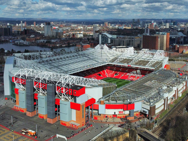 MANCHESTER, ENGLAND - MARCH 12: (EDITORS NOTE: This photograph was taken using a drone) A general view of Old Trafford prior to the Premier League match between Manchester United and Tottenham Hotspur at Old Trafford on March 12, 2022 in Manchester, England.