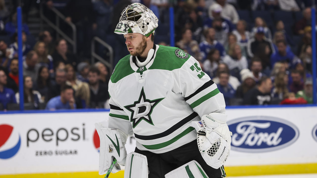 TAMPA, FL - JANUARY 15: Goalie Anton Khudobin #35 of the Dallas Stars against the Tampa Bay Lightning during the first period at Amalie Arena on January 15, 2022 in Tampa, Florida.