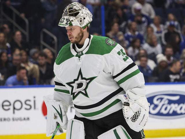 TAMPA, FL - JANUARY 15: Goalie Anton Khudobin #35 of the Dallas Stars against the Tampa Bay Lightning during the first period at Amalie Arena on January 15, 2022 in Tampa, Florida.