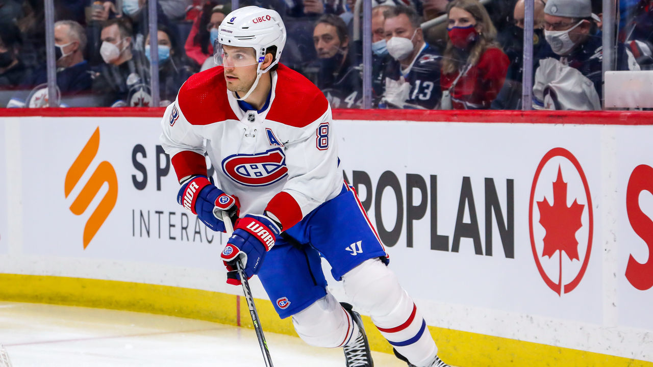 WINNIPEG, MB - MARCH 01: Ben Chiarot #8 of the Montreal Canadiens plays the puck during first period action against the Winnipeg Jets at Canada Life Centre on March 01, 2022 in Winnipeg, Manitoba, Canada.