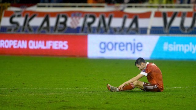 Russia's Georgi Dzhikiya reacts at the end of the FIFA World Cup 2022 qualification football match between Croatia and Russia at the Poljud Stadium in Split on November 14, 2021.