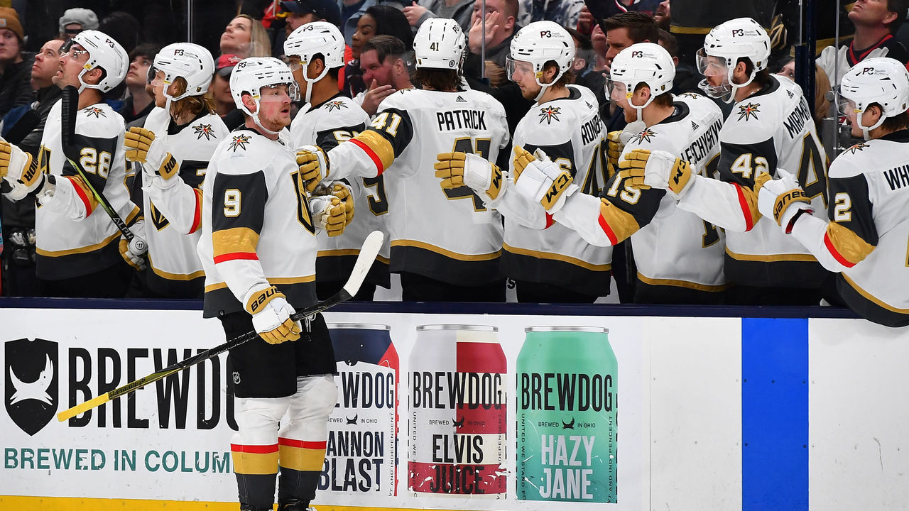 COLUMBUS, OH - MARCH 13: Jack Eichel #9 of the Vegas Golden Knights celebrates his power-play goal against the Columbus Blue Jackets in the third period at Nationwide Arena on March 13, 2022 in Columbus, Ohio.