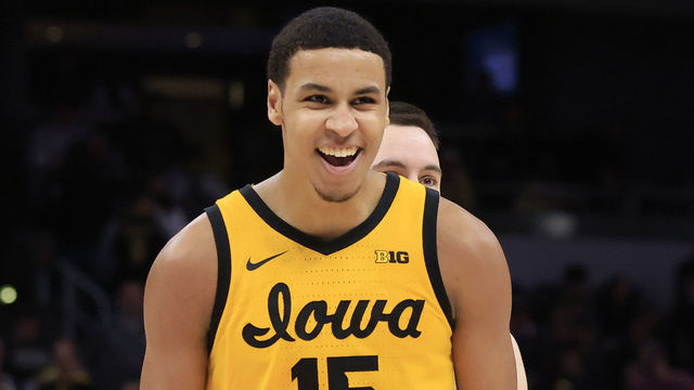 INDIANAPOLIS, INDIANA - MARCH 13: Keegan Murray #15 of the Iowa Hawkeyes reacts after a play in the game against the Purdue Boilermakers during the second half of the Big Ten Championship at Gainbridge Fieldhouse on March 13, 2022 in Indianapolis, Indiana.