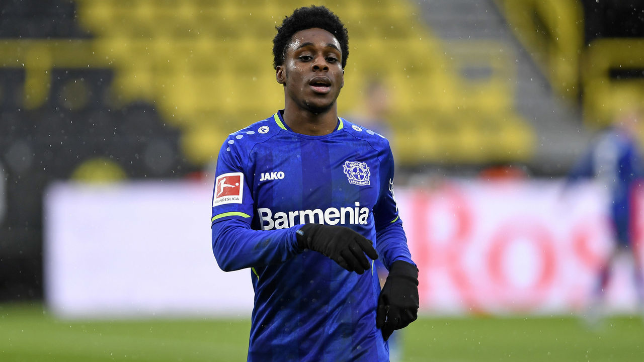 DORTMUND, GERMANY - FEBRUARY 06: Jeremie Frimpong of Bayer 04 Leverkusen looks on during the Bundesliga match between Borussia Dortmund and Bayer 04 Leverkusen at Signal Iduna Park on February 6, 2022 in Dortmund, Germany.