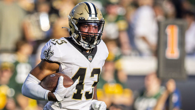 JACKSONVILLE, FLORIDA - SEPTEMBER 12: Marcus Williams #43 of the New Orleans Saints heads to the sideline after intercepting a pass from Aaron Rodgers #12 of the Green Bay Packers during the third quarter of a game at TIAA Bank Field on September 12, 2021 in Jacksonville, Florida.