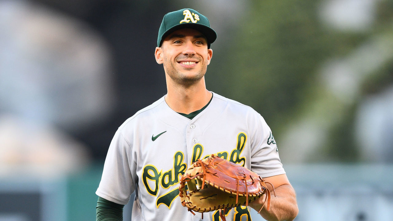 ANAHEIM, CA - SEPTEMBER 18: Oakland Athletics first baseman Matt Olson (28) looks on during the MLB game between the Oakland Athletics and the Los Angeles Angels of Anaheim on September 18, 2021 at Angel Stadium of Anaheim in Anaheim, CA.