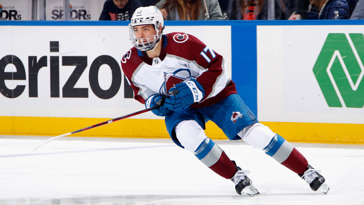 ELMONT, NEW YORK - MARCH 07: Tyson Jost #17 of the Colorado Avalanche skates against the New York Islanders at the UBS Arena on March 07, 2022 in Elmont, New York.