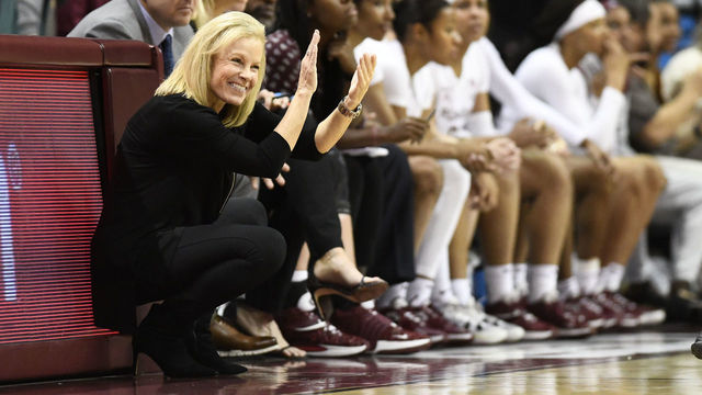 TALLAHASSEE, FL - DECEMBER 05: Sue Semrau women's basketball head coach Florida State University (FSU) Seminoles smiles at a bench play during a non-conference game with the Charleston Southern University Buccaneers, Sunday, December 5, 2021, at Donald L Tucker Civic Center in Tallahassee, Florida.