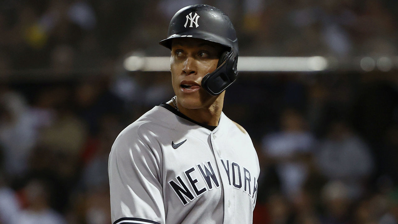 BOSTON, MA - OCTOBER 6: Aaron Judge #99 of the New York Yankees during the AL Wild Card playoff game against the Boston Red Sox at Fenway Park on October 6, 2021 in Boston, Massachusetts.