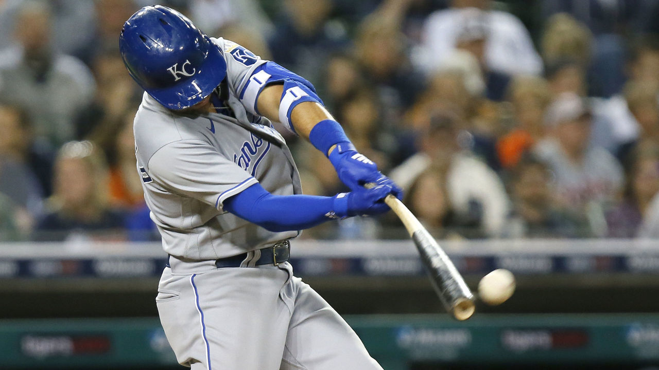DETROIT, MI - SEPTEMBER 24: Whit Merrifield #15 of the Kansas City Royals hits a sacrifice fly ball to drive in Kyle Isbel #28 against the Detroit Tigers during the eighth inning at Comerica Park on September 24, 2021, in Detroit, Michigan.
