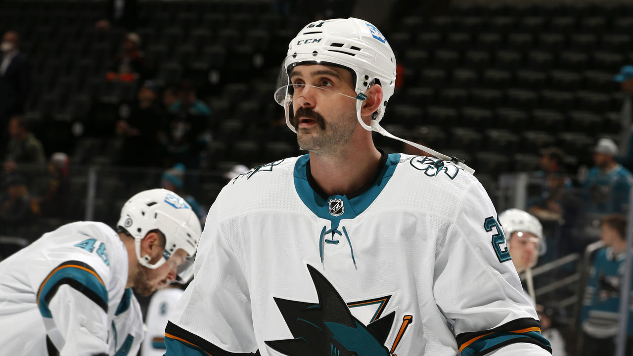 ANAHEIM, CA - MARCH 6: Jacob Middleton #21 of the San Jose Sharks skates in warm-ups prior to the game against the Anaheim Ducks at Honda Center on March 6, 2022 in Anaheim, California.