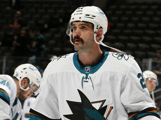 ANAHEIM, CA - MARCH 6: Jacob Middleton #21 of the San Jose Sharks skates in warm-ups prior to the game against the Anaheim Ducks at Honda Center on March 6, 2022 in Anaheim, California.
