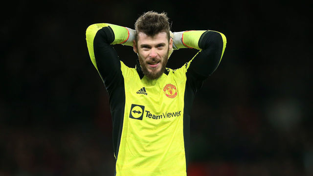 MANCHESTER, ENGLAND - MARCH 12: Manchester United goalkeeper David de Gea looks dejected during the Premier League match between Manchester United and Tottenham Hotspur at Old Trafford on March 12, 2022 in Manchester, United Kingdom.