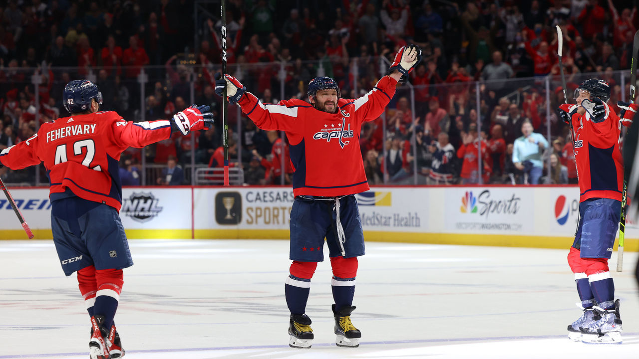 WASHINGTON, DC - MARCH 15: Alex Ovechkin #8 of the Washington Capitals celebrates as he scores goal number 767 to be third all time in scoring in The NHL during a game against the New York Islanders at Capital One Arena on March 15, 2022 in Washington, D.C.