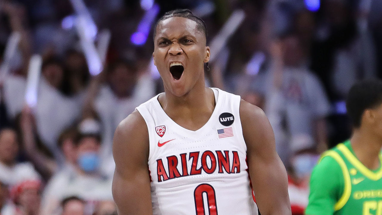 TUCSON, ARIZONA - FEBRUARY 19: Guard Bennedict Mathurin #0 of the Arizona Wildcats celebrates during the game against the Oregon Ducks at McKale Center on February 19, 2022 in Tucson, Arizona.