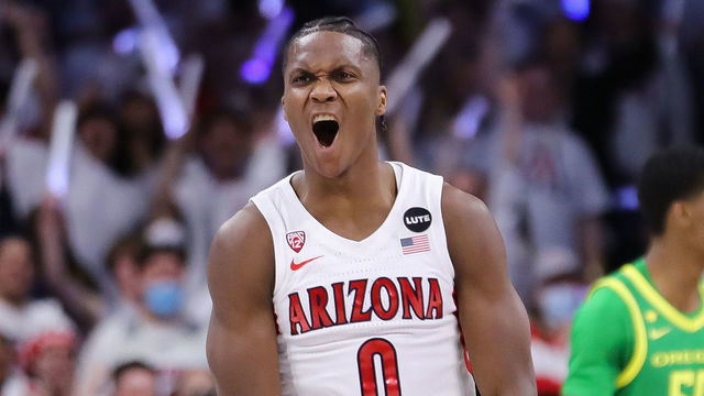 TUCSON, ARIZONA - FEBRUARY 19: Guard Bennedict Mathurin #0 of the Arizona Wildcats celebrates during the game against the Oregon Ducks at McKale Center on February 19, 2022 in Tucson, Arizona.
