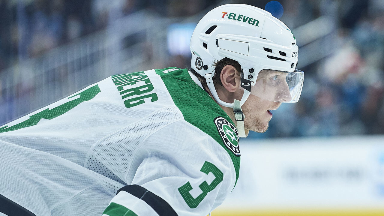 SAN JOSE, CA - DECEMBER 11: Dallas Stars defenseman John Klingberg (3) prepares for a faceoff during the NHL game between the San Jose Sharks and the Dallas Stars on December 11, 2021 at SAP Center in San Jose, CA.