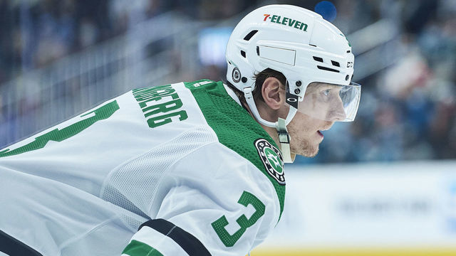 SAN JOSE, CA - DECEMBER 11: Dallas Stars defenseman John Klingberg (3) prepares for a faceoff during the NHL game between the San Jose Sharks and the Dallas Stars on December 11, 2021 at SAP Center in San Jose, CA.