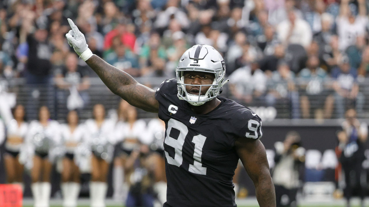 LAS VEGAS, NEVADA - OCTOBER 24: Defensive end Yannick Ngakoue #91 of the Las Vegas Raiders celebrates after batting down a pass during a game against the Philadelphia Eagles at Allegiant Stadium on October 24, 2021 in Las Vegas, Nevada. The Raiders defeated the Eagles 33-22.