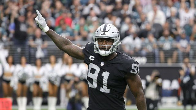 LAS VEGAS, NEVADA - OCTOBER 24: Defensive end Yannick Ngakoue #91 of the Las Vegas Raiders celebrates after batting down a pass during a game against the Philadelphia Eagles at Allegiant Stadium on October 24, 2021 in Las Vegas, Nevada. The Raiders defeated the Eagles 33-22.